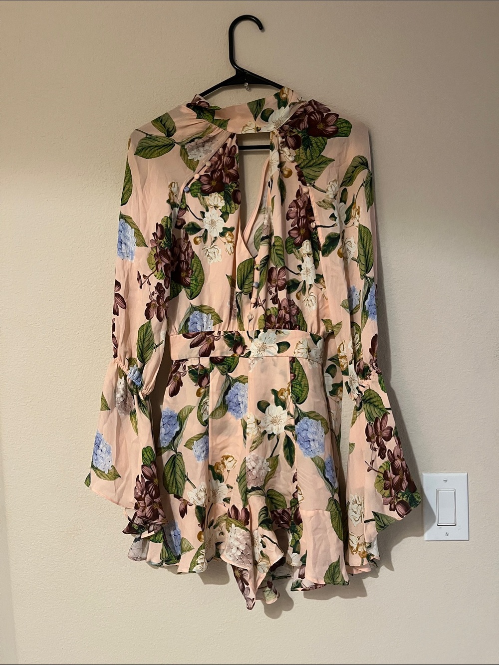 Nicholas Floral Peach Tie-Neck Romper with Bell Sleeves